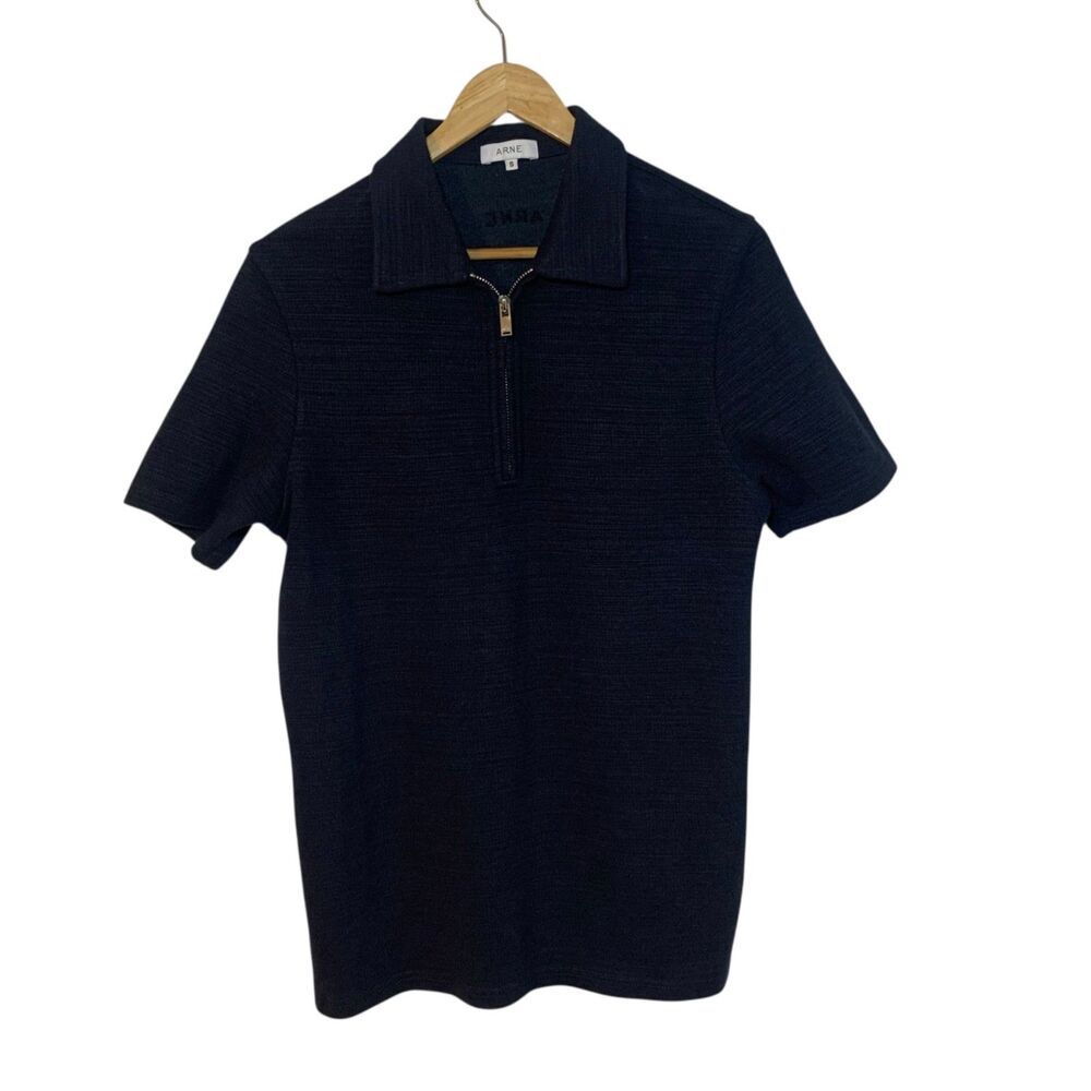 Arne Mens Navy Blue Quarter Zip Textured Polo Shirt Minimalist Preppy S Vacation